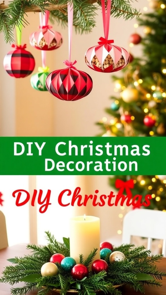 A collection of DIY Christmas decorations including paper ornaments, a pinecone wreath, and a festive table centerpiece.